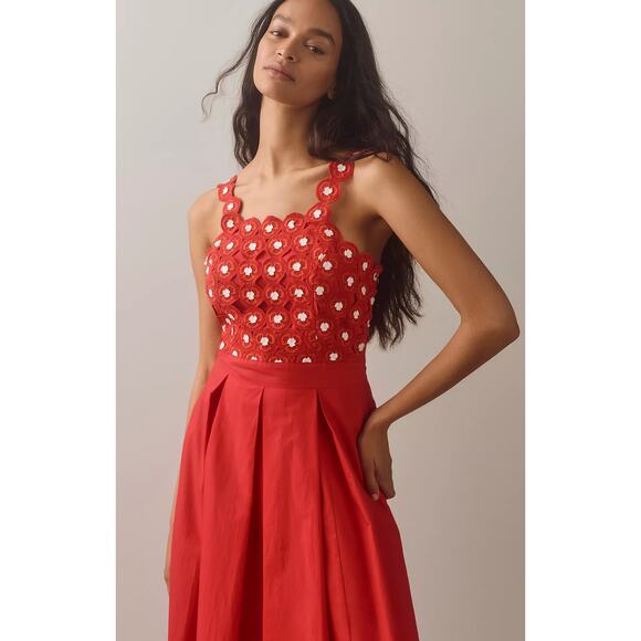 NWT Maeve Crochet Cotton Red White Halter Midi Dress - Size 14 - Picture 3 of 5